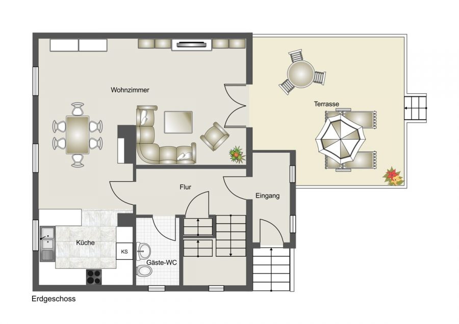 Charmantes Einfamilienhaus mit großzügiger Südterrasse in zentraler Lage - Grundriss Erdgeschoss (77203)