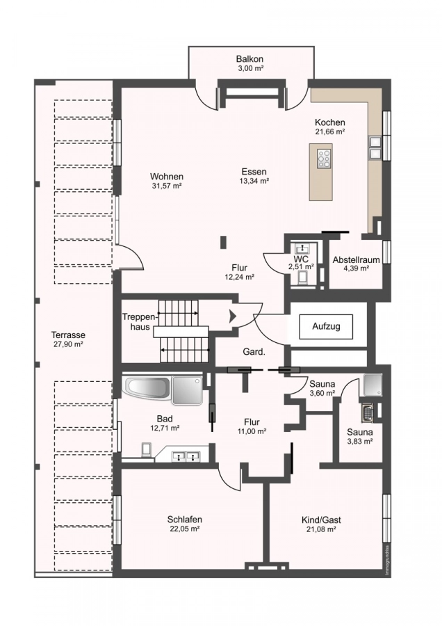 Exklusives Penthouse mit Terrasse, Balkon, Einbauküche, Sauna und TG-Stellplatz - Grundriss (80961)