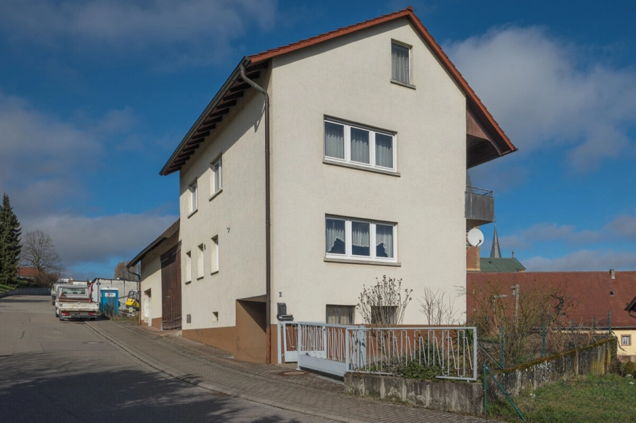 Viel Raum für Ideen: Einfamilienhaus mit Scheune und separater landwirtschaftlicher Fläche - Straßenansicht (81007)