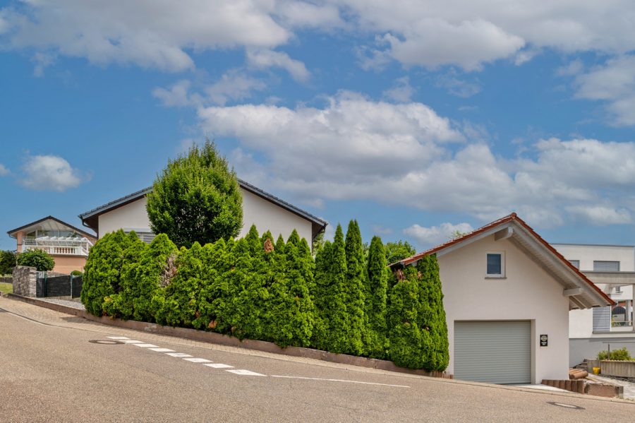 Ihr Rückzugsort in bester Aussichtslage – Modernes Einfamilienhaus mit Einliegerwohnung - Ansicht Wohnhaus und Garagengebäude (76975)